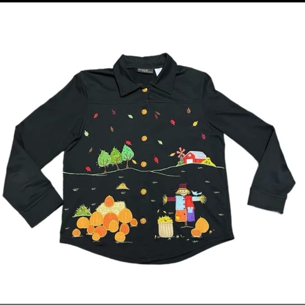 Vintage 90s jack O lantern button fall Halloween embroidered jersey knit…